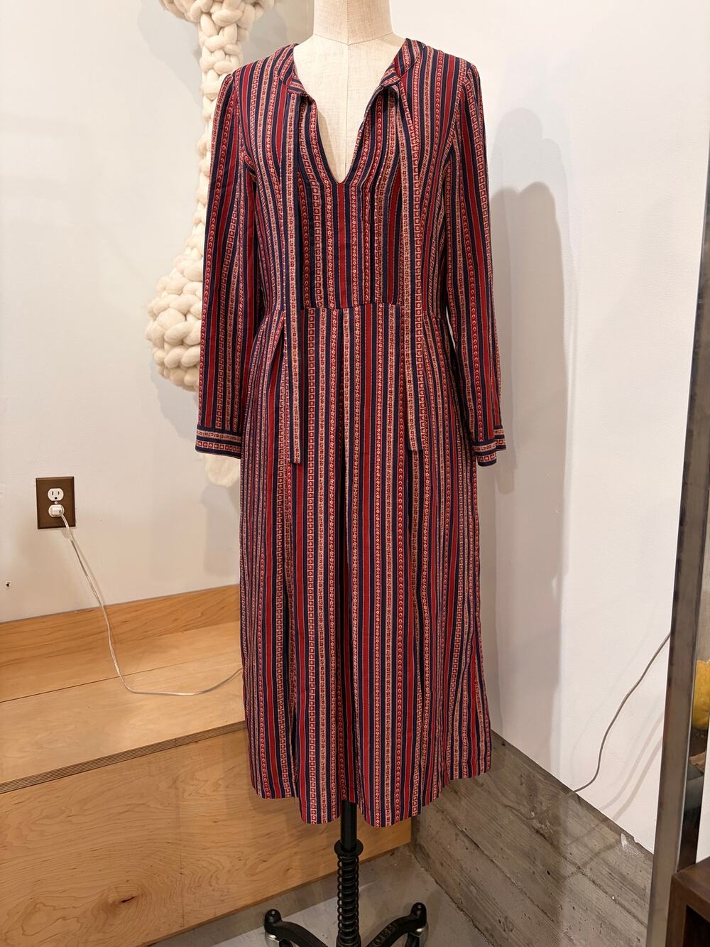 SEA New York Red Navy Striped Print Midi Dress Long Sleeve Size 2